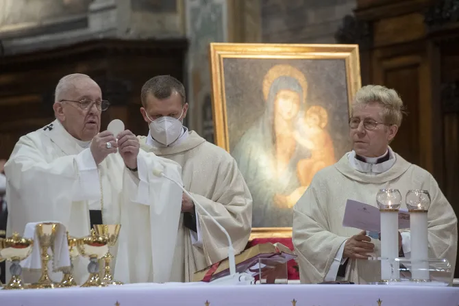 Pope Francis says Mass at the Church of Santo Spirito in Sassia on Divine Mercy Sunday 2021.